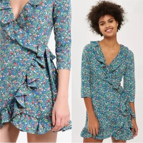 Topshop Ruffle Floral Wrap Dress Mini Teal Blue 3/4 Sleeve‎ Size 0